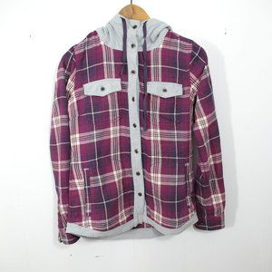 Plaid Button-Up Hoodie - Purple and Gray